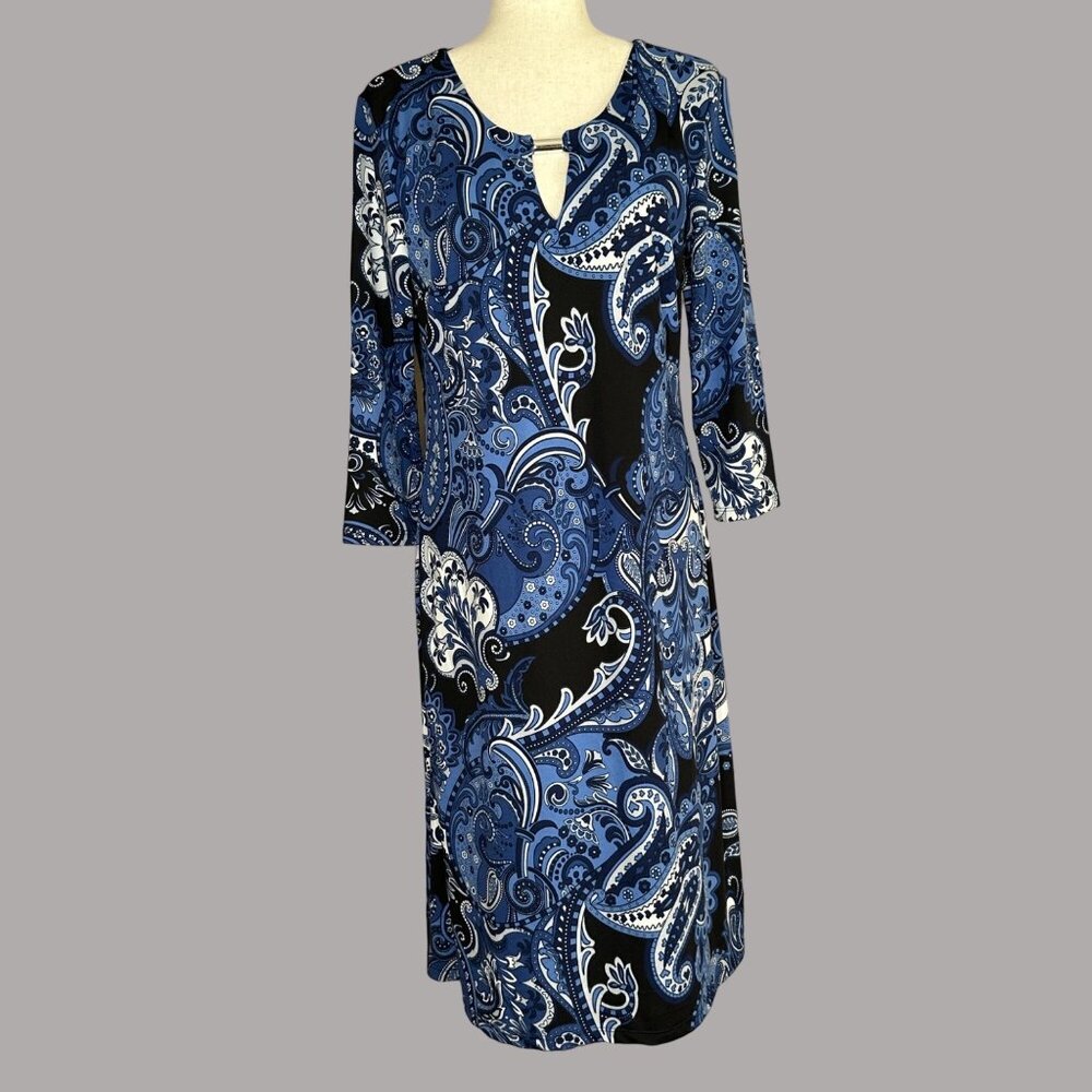 Salon Studio Shift Dress Women Small Black Blue Paisley Stretch Knit V Neck 90s